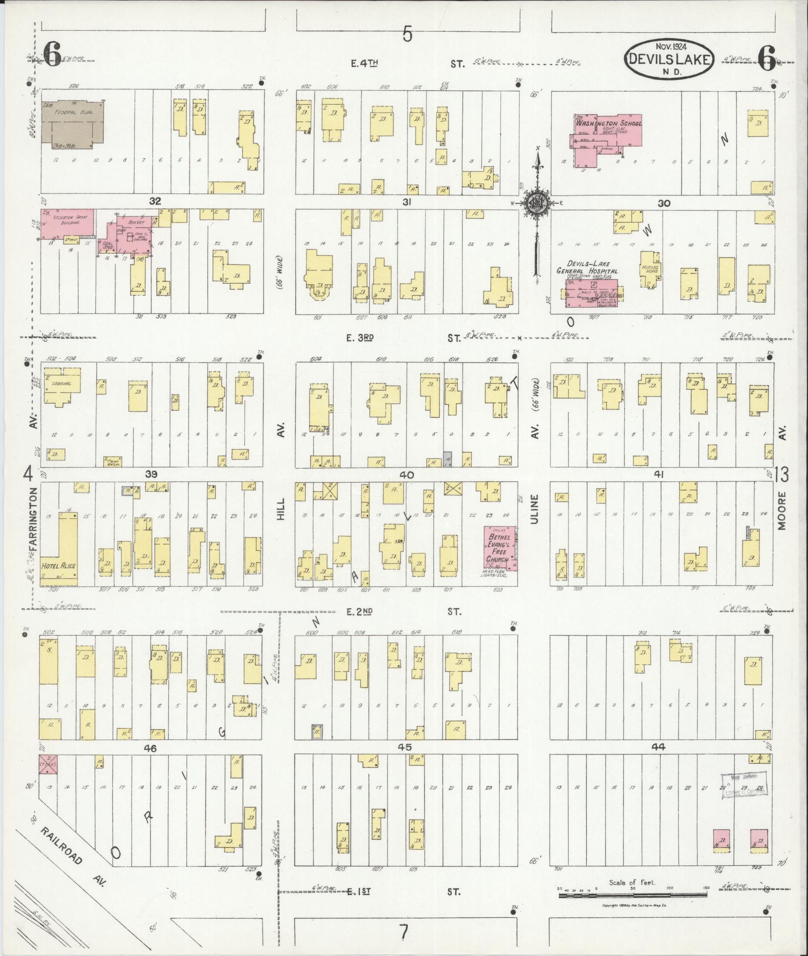 Sanborn Fire Insurance Map from Devils Lake, Ramsey County, North Dakota (1924), Sheet #0006 - Historic Sanborn Fire Insurance Map Print, vintage old map wall art, antique decor, genealogy gift, North Dakota North Dakota map