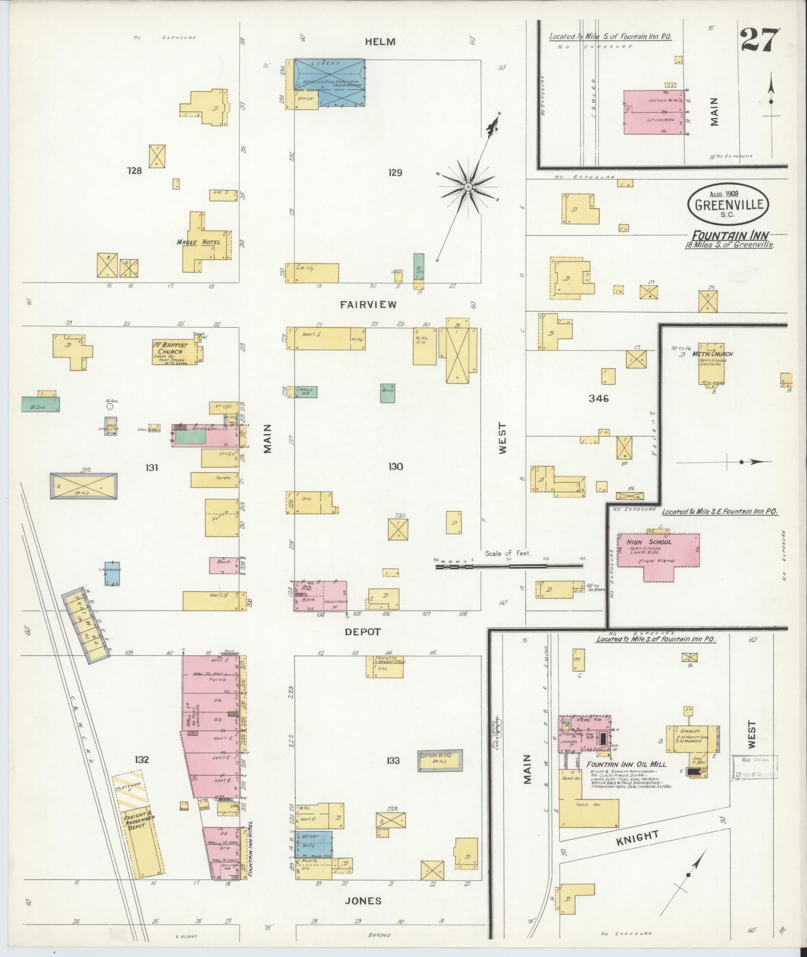 Sanborn Fire Insurance Map from Greenville, Greenville County, South Carolina (1908), Sheet #0027 - Complete Map Set gallery image, historic Sanborn map, vintage wall art, South Carolina South Carolina