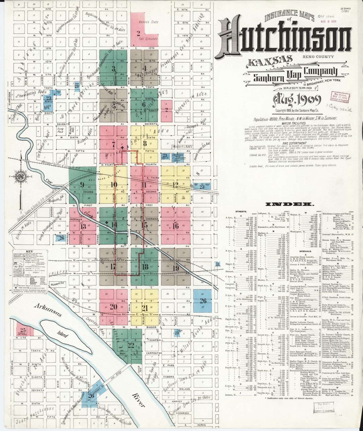 Sanborn Fire Insurance Map from Hutchinson, Reno County, Kansas (1909), Sheet #0001 - Complete Map Set gallery image, historic Sanborn map, vintage wall art, Kansas Kansas
