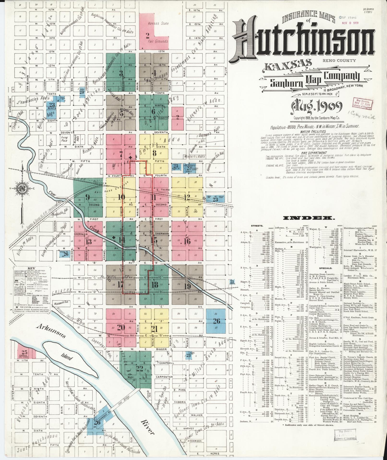Sanborn Fire Insurance Map from Hutchinson, Reno County, Kansas (1909), Sheet #0001 - Complete Map Set gallery image, historic Sanborn map, vintage wall art, Kansas Kansas
