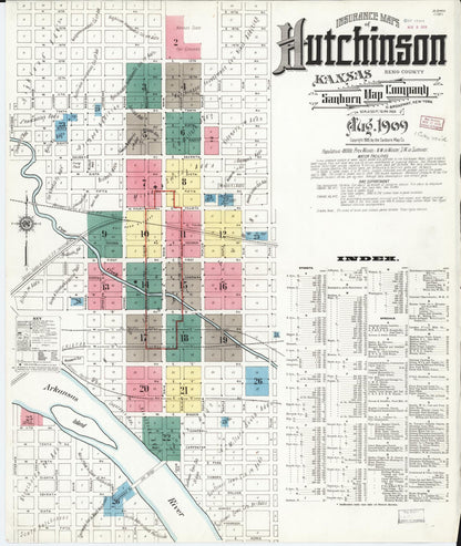 Sanborn Fire Insurance Map from Hutchinson, Reno County, Kansas (1909), Sheet #0001 - Complete Map Set gallery image, historic Sanborn map, vintage wall art, Kansas Kansas