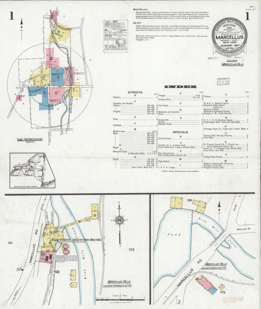 Sanborn Fire Insurance Map from Marcellus, Onondaga County, New York (1927), Sheet #0001 - Historic Sanborn Fire Insurance Map Print, vintage old map wall art, antique decor, genealogy gift, New York New York map