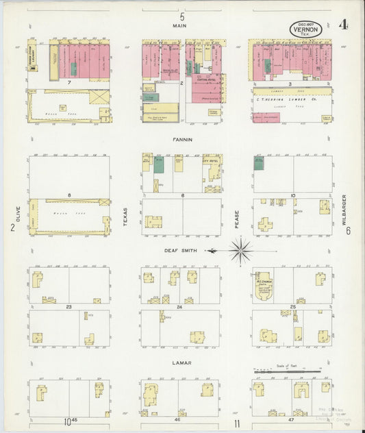 Sanborn Fire Insurance Map from Vernon, Wilbarger County, Texas (1907), Sheet #0004 - Historic Sanborn Fire Insurance Map Print, vintage old map wall art, antique decor, genealogy gift, Texas Texas map