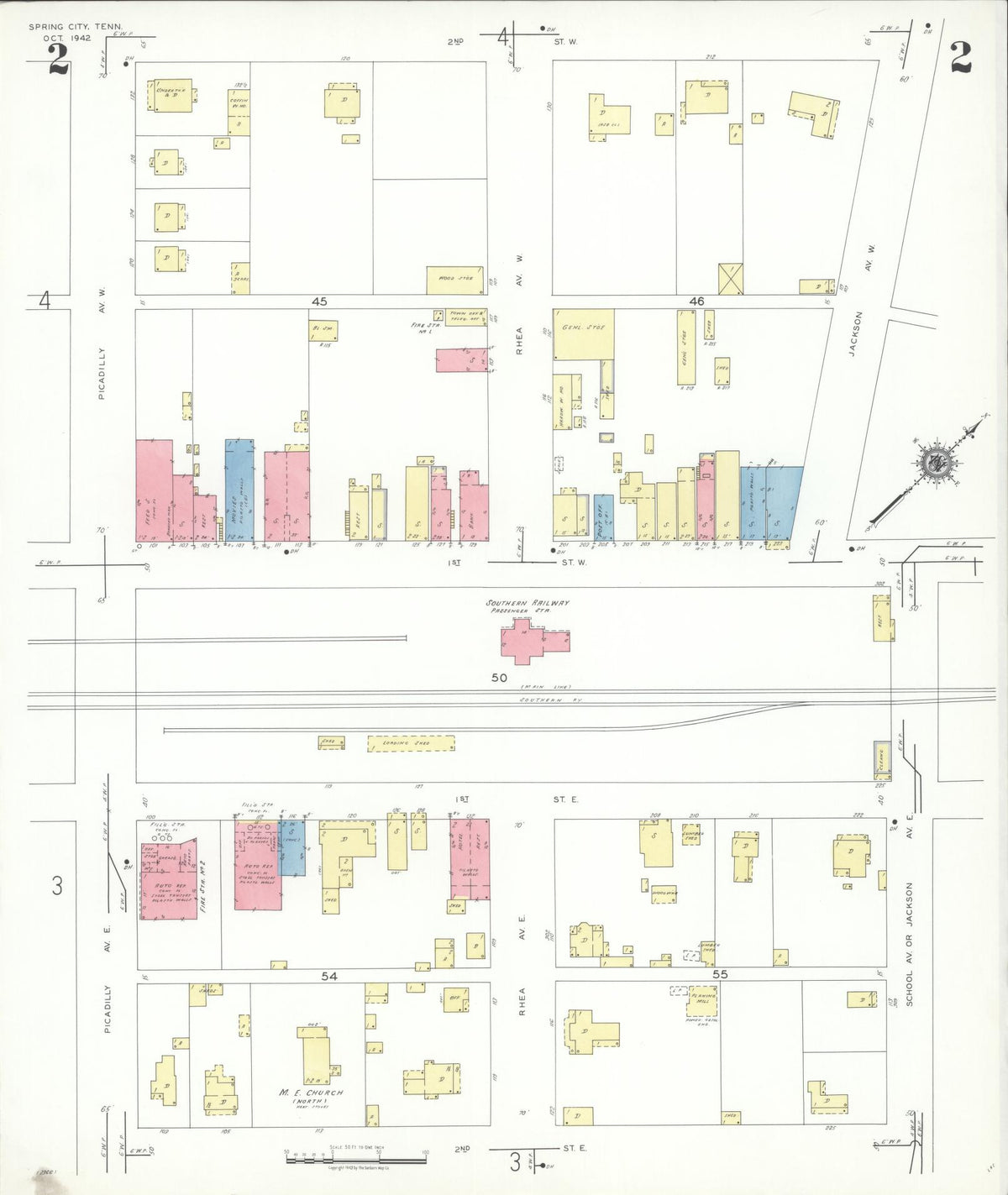 Sanborn Fire Insurance Map from Spring City, Rhea County, Tennessee (1942), Sheet #0002 - Complete Map Set gallery image, historic Sanborn map, vintage wall art, Tennessee Tennessee