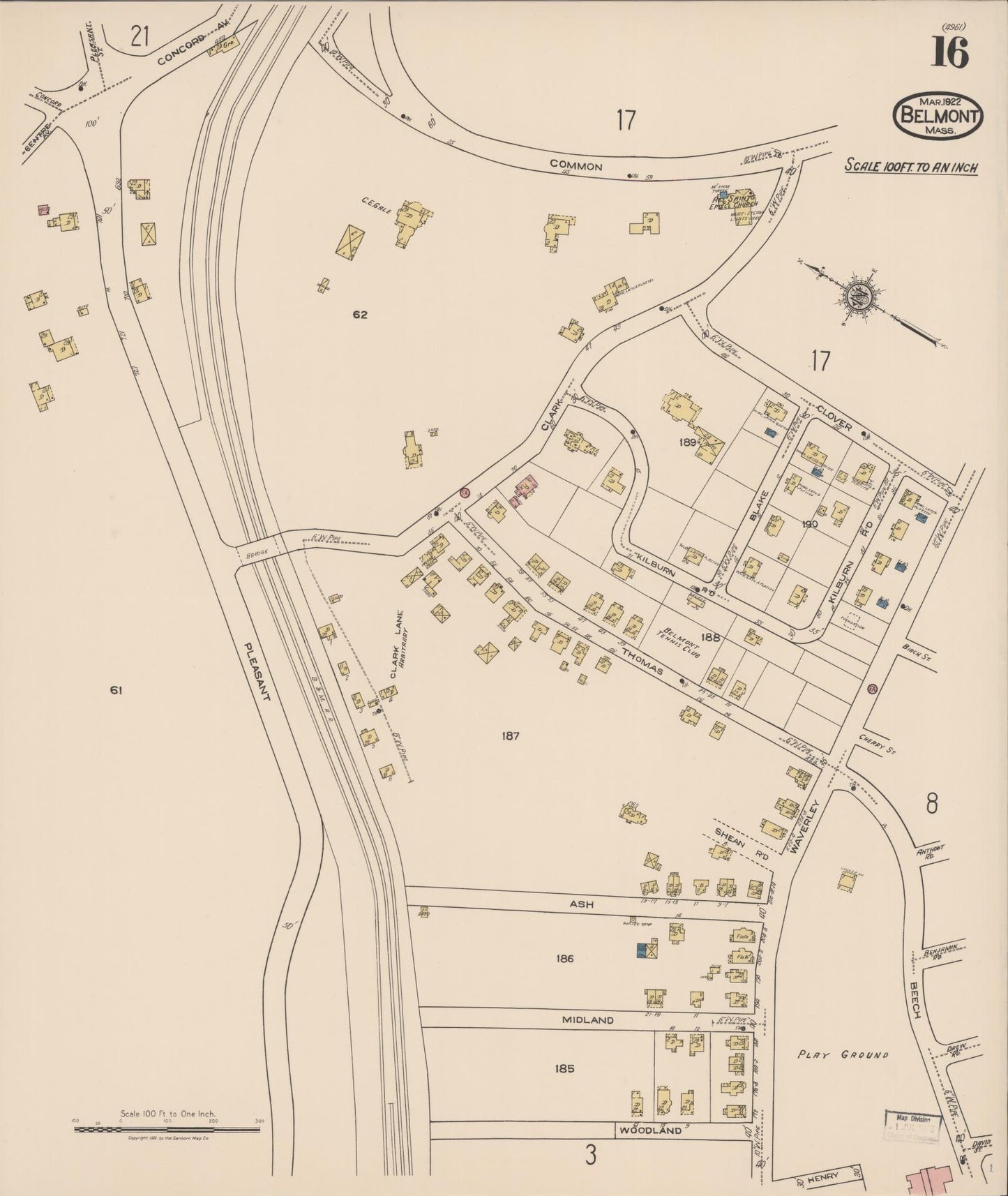 Sanborn Fire Insurance Map from Belmont, Middlesex County, Massachusetts (1922), Sheet #0016 - Historic Sanborn Fire Insurance Map Print, vintage old map wall art, antique decor, genealogy gift, Massachusetts Massachusetts map