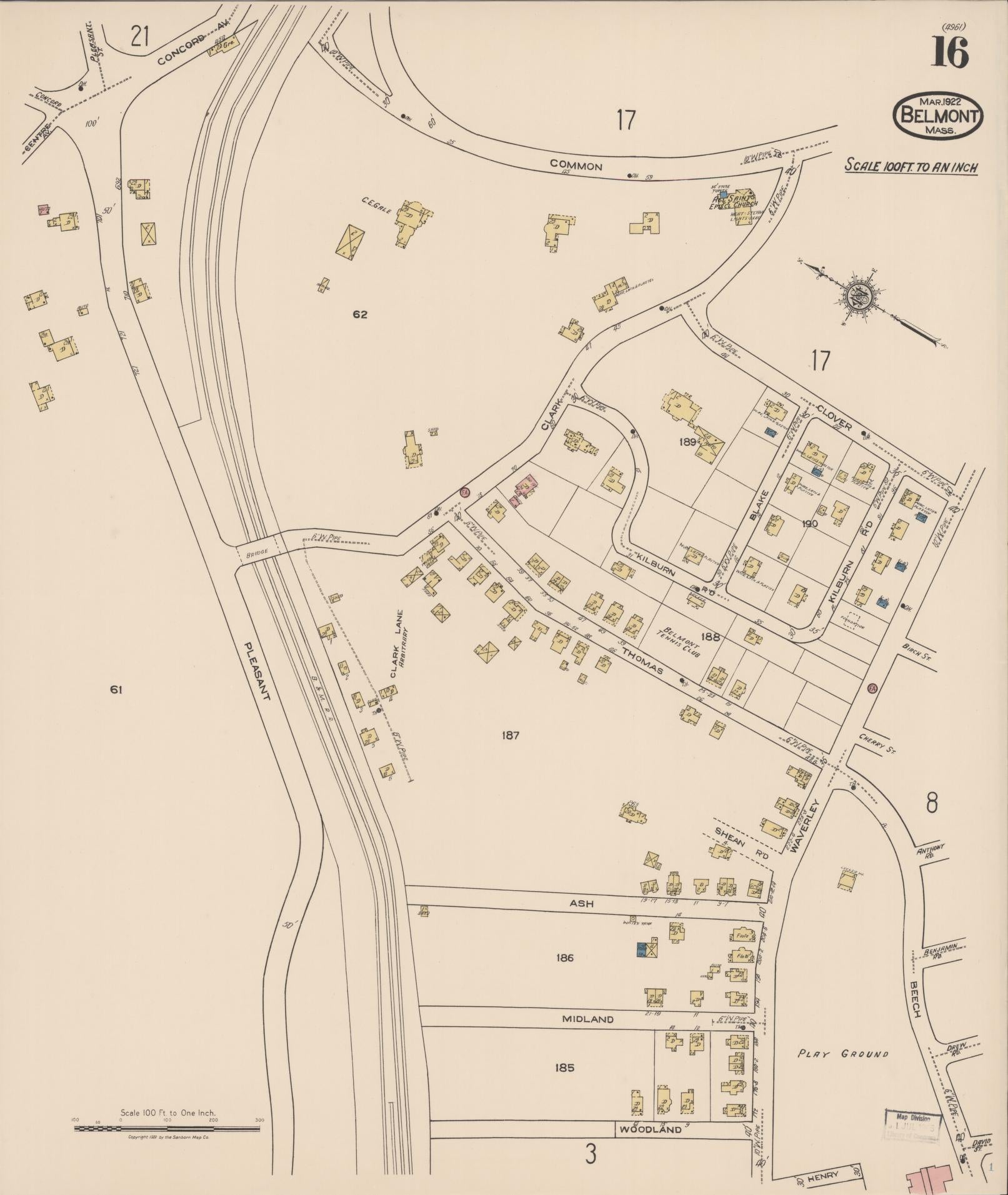 Sanborn Fire Insurance Map from Belmont, Middlesex County, Massachusetts (1922), Sheet #0016 - Historic Sanborn Fire Insurance Map Print, vintage old map wall art, antique decor, genealogy gift, Massachusetts Massachusetts map