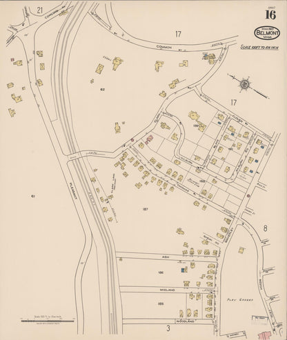 Sanborn Fire Insurance Map from Belmont, Middlesex County, Massachusetts (1922), Sheet #0016 - Historic Sanborn Fire Insurance Map Print, vintage old map wall art, antique decor, genealogy gift, Massachusetts Massachusetts map