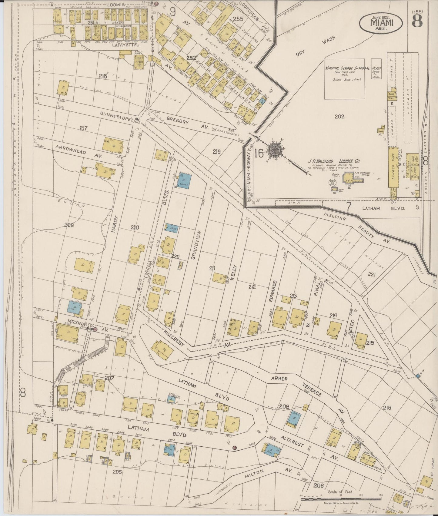 Sanborn Fire Insurance Map from Miami, Gila County, Arizona (1922), Sheet #0008 - Complete Map Set gallery image, historic Sanborn map, vintage wall art, Arizona Arizona