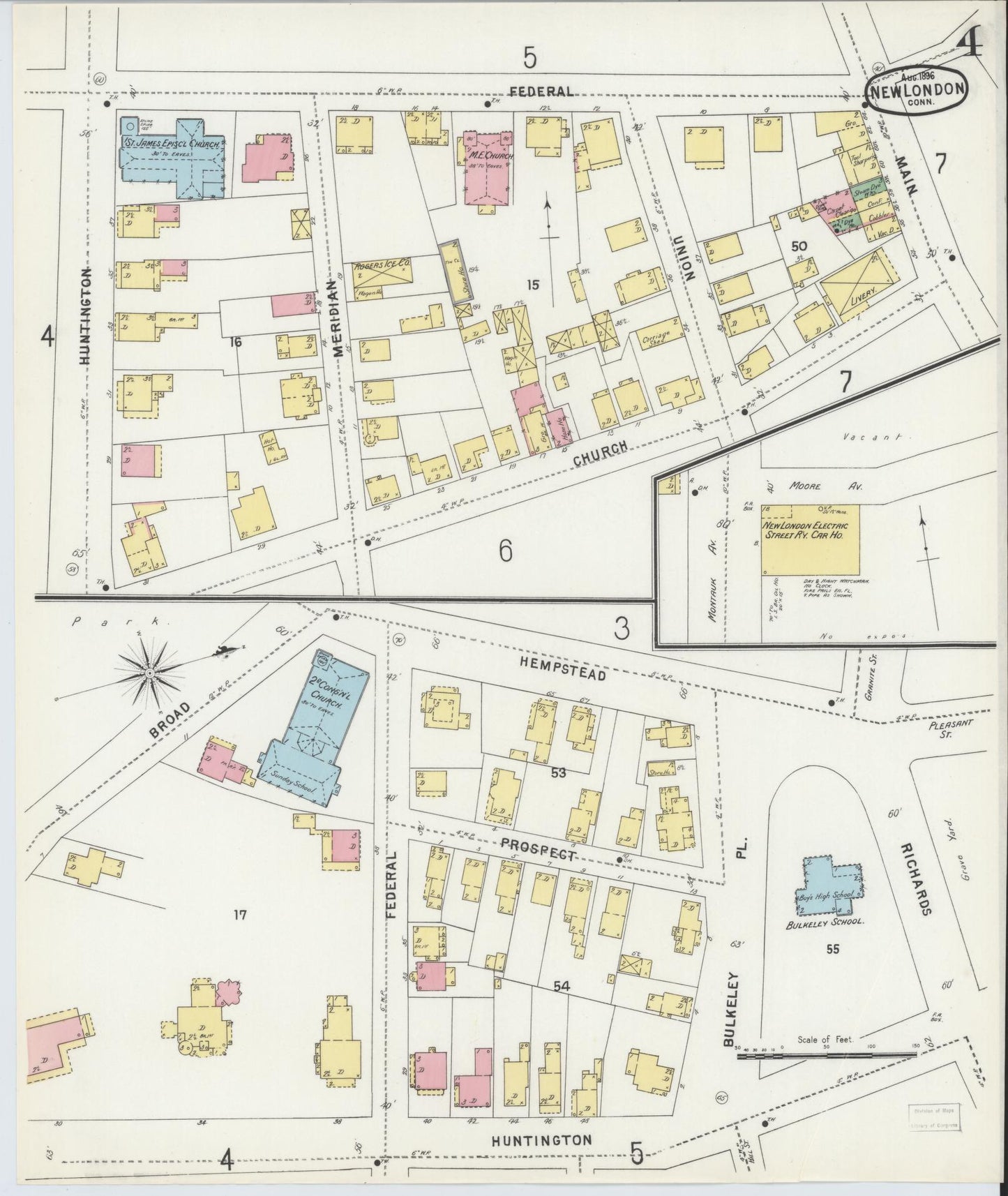 Sanborn Fire Insurance Map from New London, New London County, Connecticut (1896), Sheet #0004 - Complete Map Set gallery image, historic Sanborn map, vintage wall art, Connecticut Connecticut