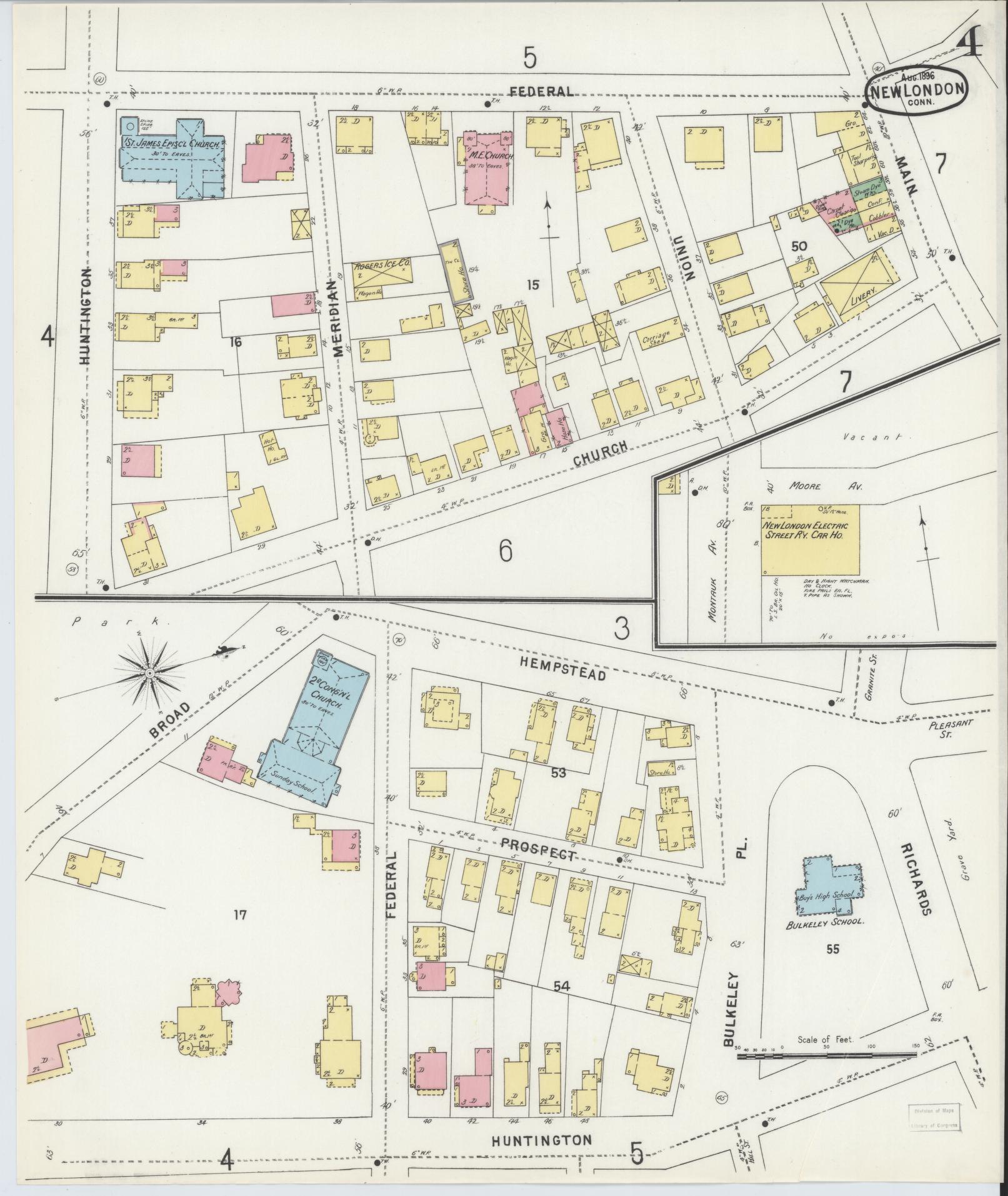 Sanborn Fire Insurance Map from New London, New London County, Connecticut (1896), Sheet #0004 - Complete Map Set gallery image, historic Sanborn map, vintage wall art, Connecticut Connecticut