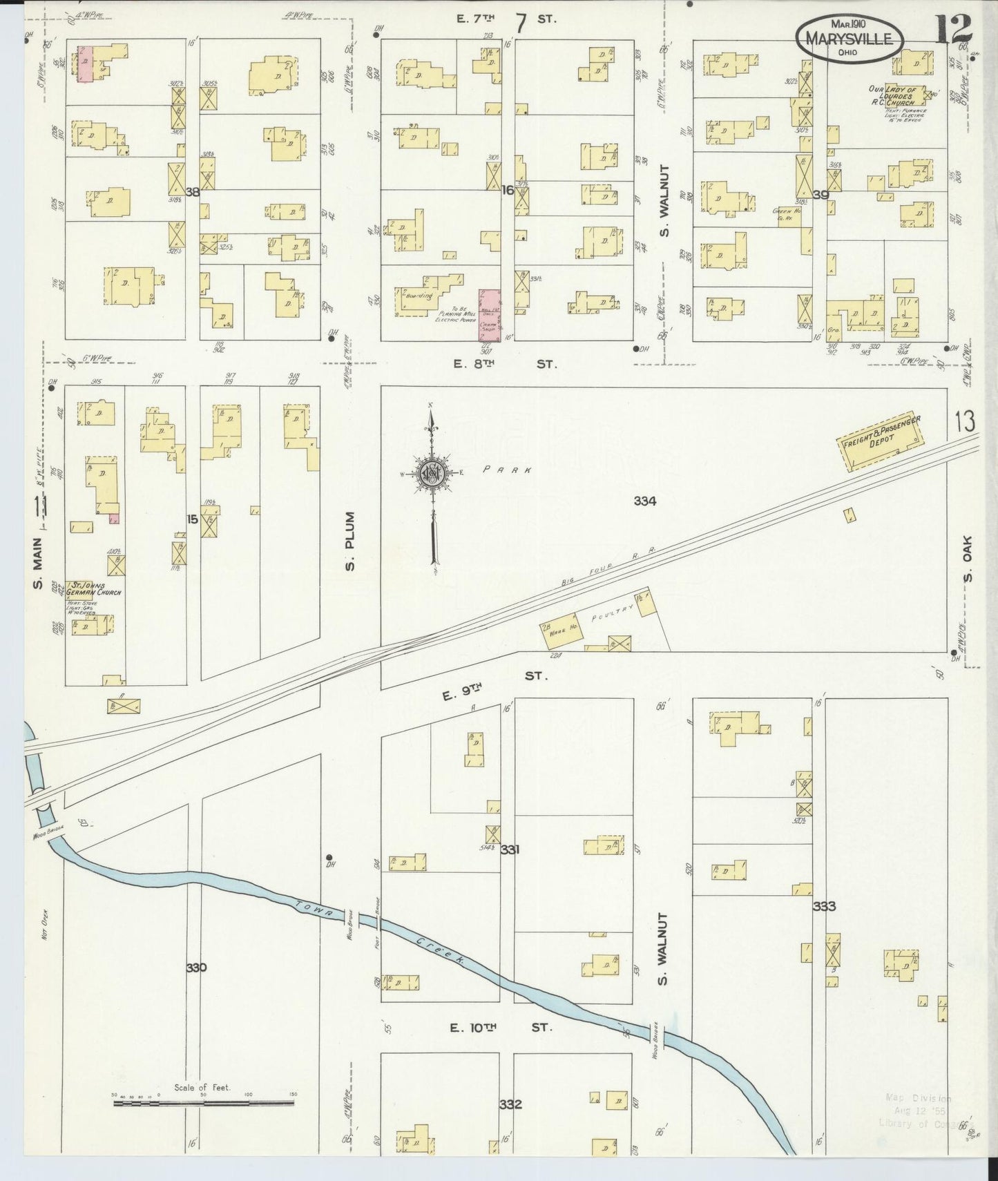 Sanborn Fire Insurance Map from Marysville, Union County, Ohio (1910), Sheet #0012 - Historic Sanborn Fire Insurance Map Print, vintage old map wall art, antique decor, genealogy gift, Ohio Ohio map