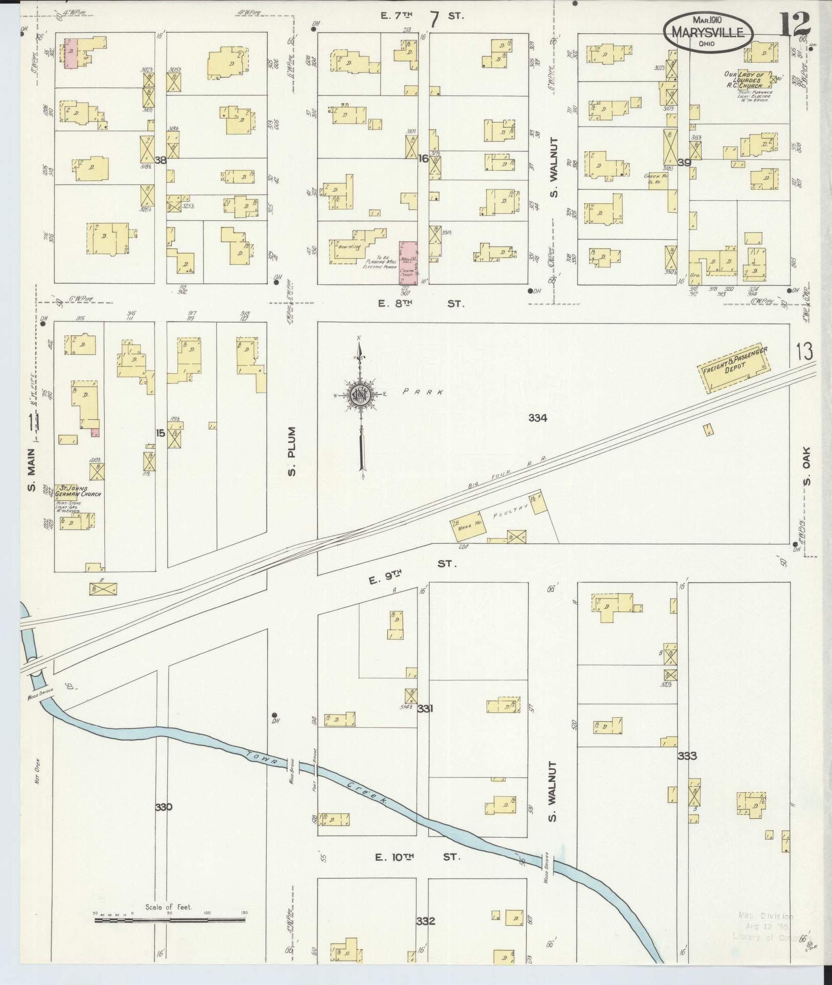 Sanborn Fire Insurance Map from Marysville, Union County, Ohio (1910), Sheet #0012 - Historic Sanborn Fire Insurance Map Print, vintage old map wall art, antique decor, genealogy gift, Ohio Ohio map