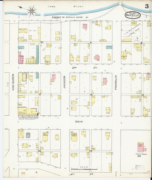 Sanborn Fire Insurance Map from Wapello, Louisa County, Iowa (1893), Sheet #0003 - Historic Sanborn Fire Insurance Map Print, vintage old map wall art