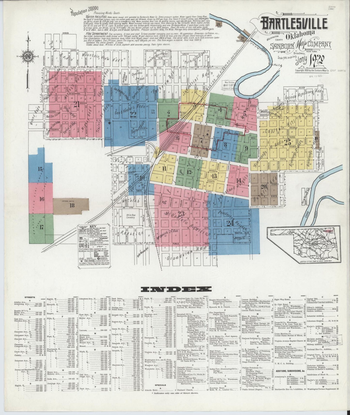 Sanborn Fire Insurance Map from Bartlesville, Washington County, Oklahoma (1920), Sheet #0001 - Historic Sanborn Fire Insurance Map Print, vintage old map wall art, antique decor, genealogy gift, Oklahoma Oklahoma map