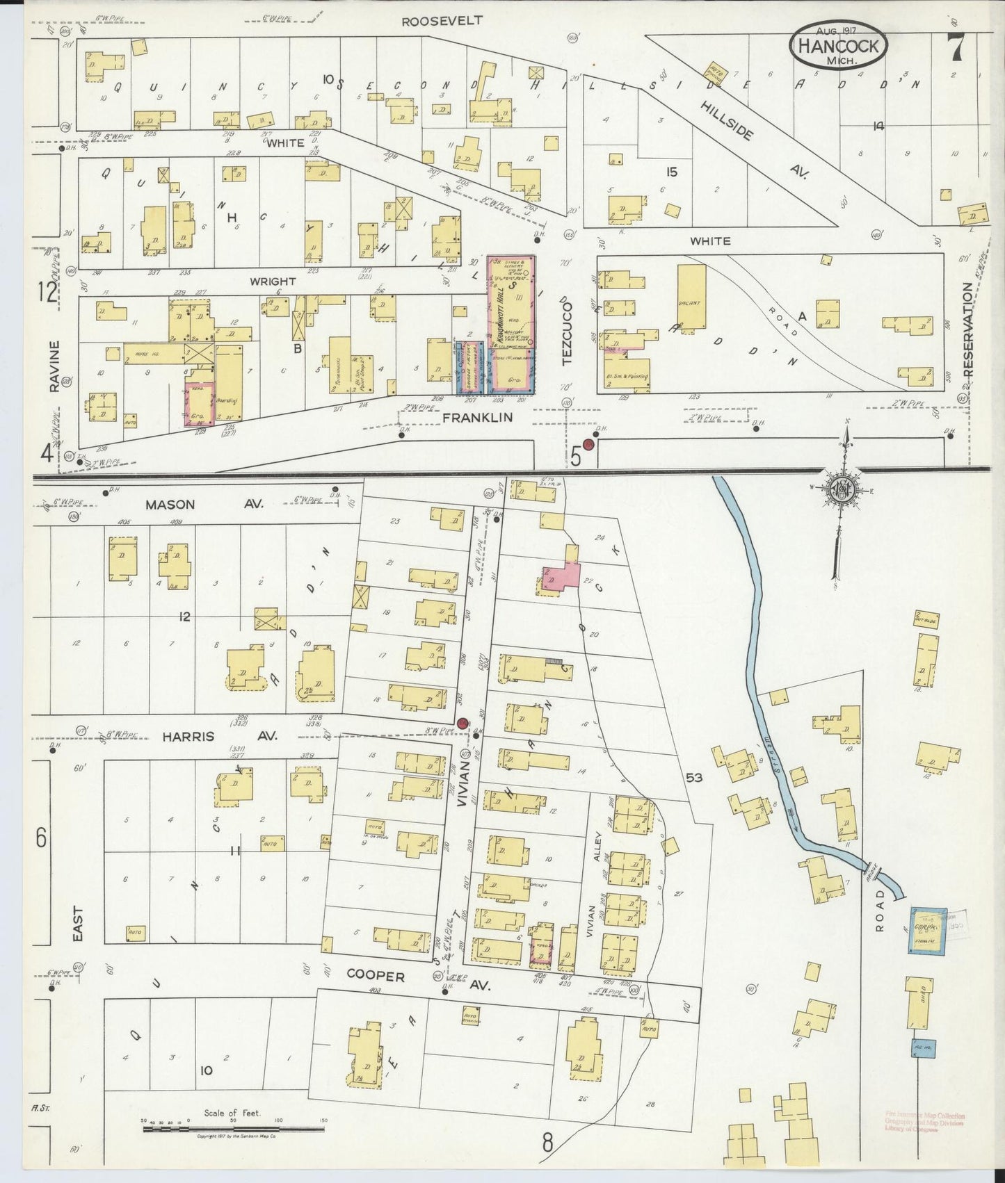 Sanborn Fire Insurance Map from Hancock, Houghton County, Michigan (1917), Sheet #0007 - Historic Sanborn Fire Insurance Map Print, vintage old map wall art, antique decor, genealogy gift, Michigan Michigan map