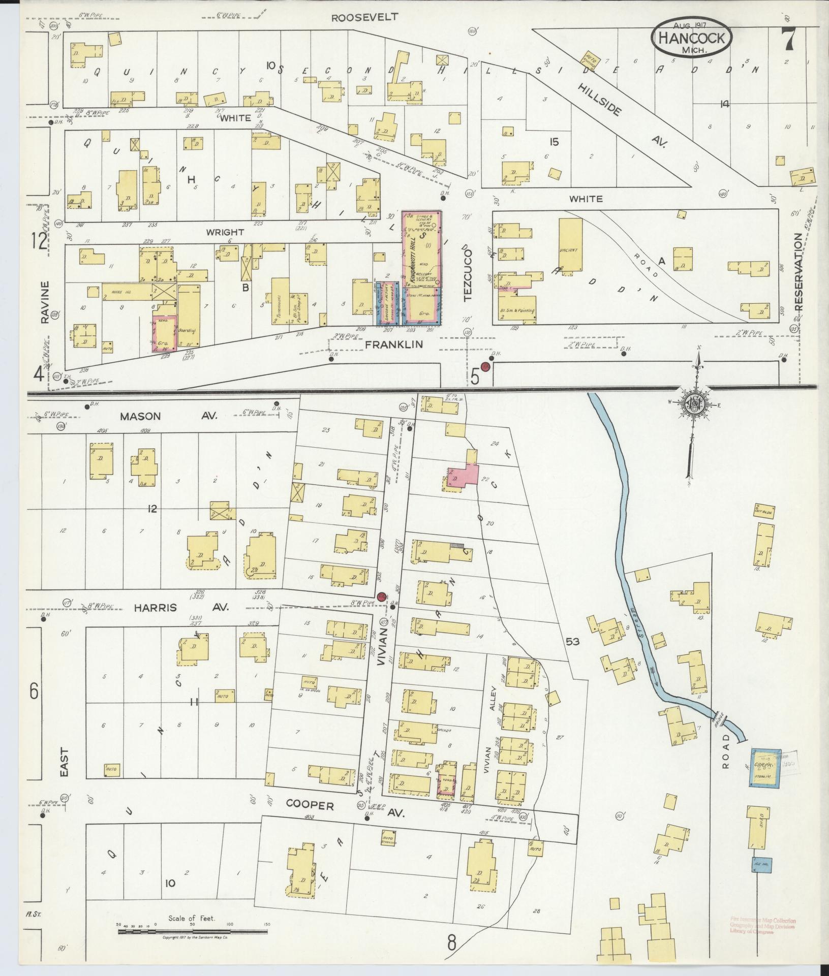 Sanborn Fire Insurance Map from Hancock, Houghton County, Michigan (1917), Sheet #0007 - Historic Sanborn Fire Insurance Map Print, vintage old map wall art, antique decor, genealogy gift, Michigan Michigan map