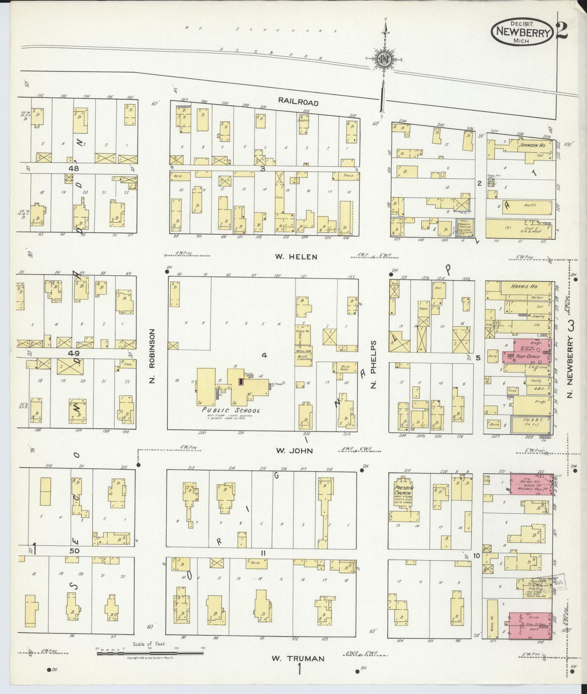Sanborn Fire Insurance Map from Newberry, Luce County, Michigan (1917), Sheet #0002 - Historic Sanborn Fire Insurance Map Print, vintage old map wall art, antique decor, genealogy gift, Michigan Michigan map