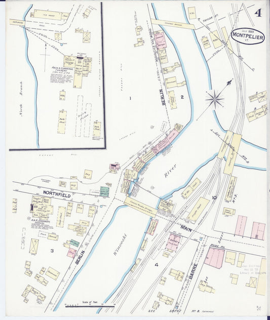 Sanborn Fire Insurance Map from Montpelier, Washington County, Vermont (1889), Sheet #0004 - Historic Sanborn Fire Insurance Map Print, vintage old map wall art, antique decor, genealogy gift, Vermont Vermont map