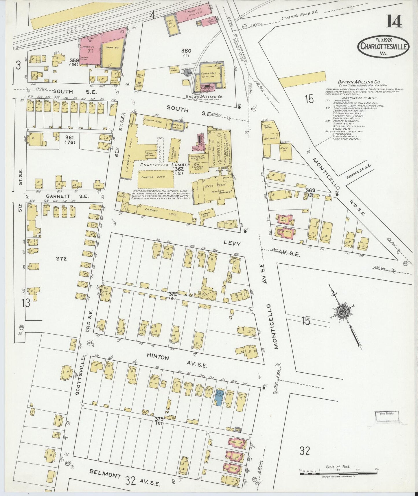 Sanborn Fire Insurance Map from Charlottesville, Independent Cities, Virginia (1920), Sheet #0014 - Historic Sanborn Fire Insurance Map Print, vintage old map wall art, antique decor, genealogy gift, Virginia Virginia map