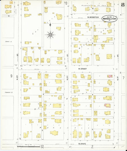 Sanborn Fire Insurance Map from Marshalltown, Marshall County, Iowa (1901), Sheet #0008 - Historic Sanborn Fire Insurance Map Print, vintage old map wall art