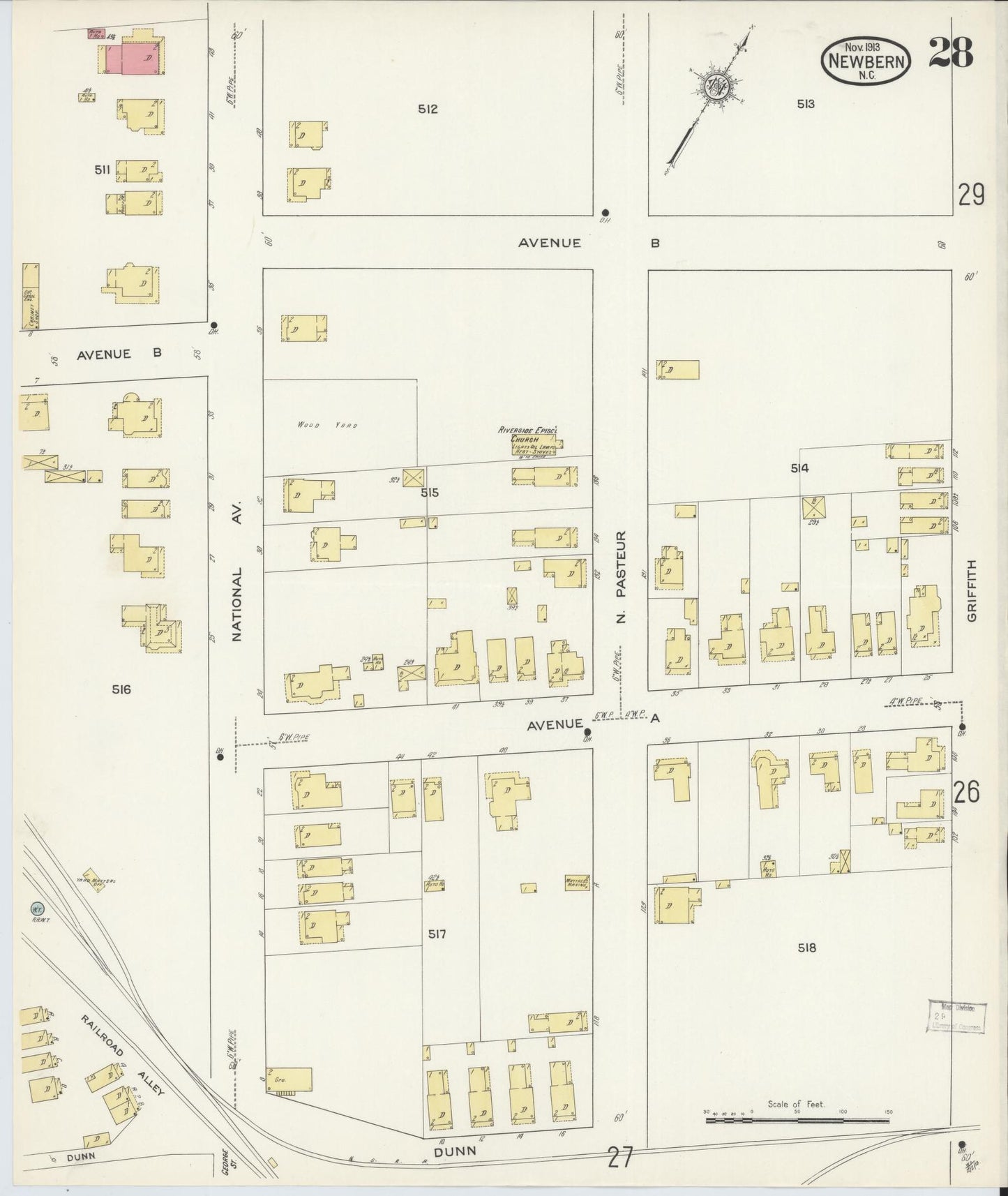 Sanborn Fire Insurance Map from New Bern, Craven County, North Carolina (1913), Sheet #0028 - Historic Sanborn Fire Insurance Map Print, vintage old map wall art, antique decor, genealogy gift, North Carolina North Carolina map