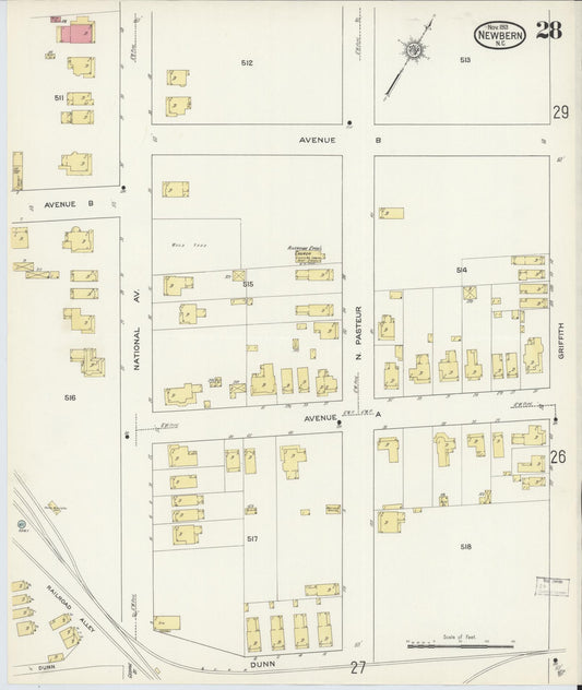 Sanborn Fire Insurance Map from New Bern, Craven County, North Carolina (1913), Sheet #0028 - Historic Sanborn Fire Insurance Map Print, vintage old map wall art, antique decor, genealogy gift, North Carolina North Carolina map