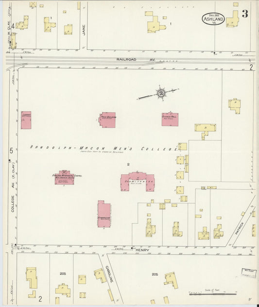 Sanborn Fire Insurance Map from Ashland, Hanover County, Virginia (1913), Sheet #0003 - Historic Sanborn Fire Insurance Map Print, vintage old map wall art, antique decor, genealogy gift, Virginia Virginia map