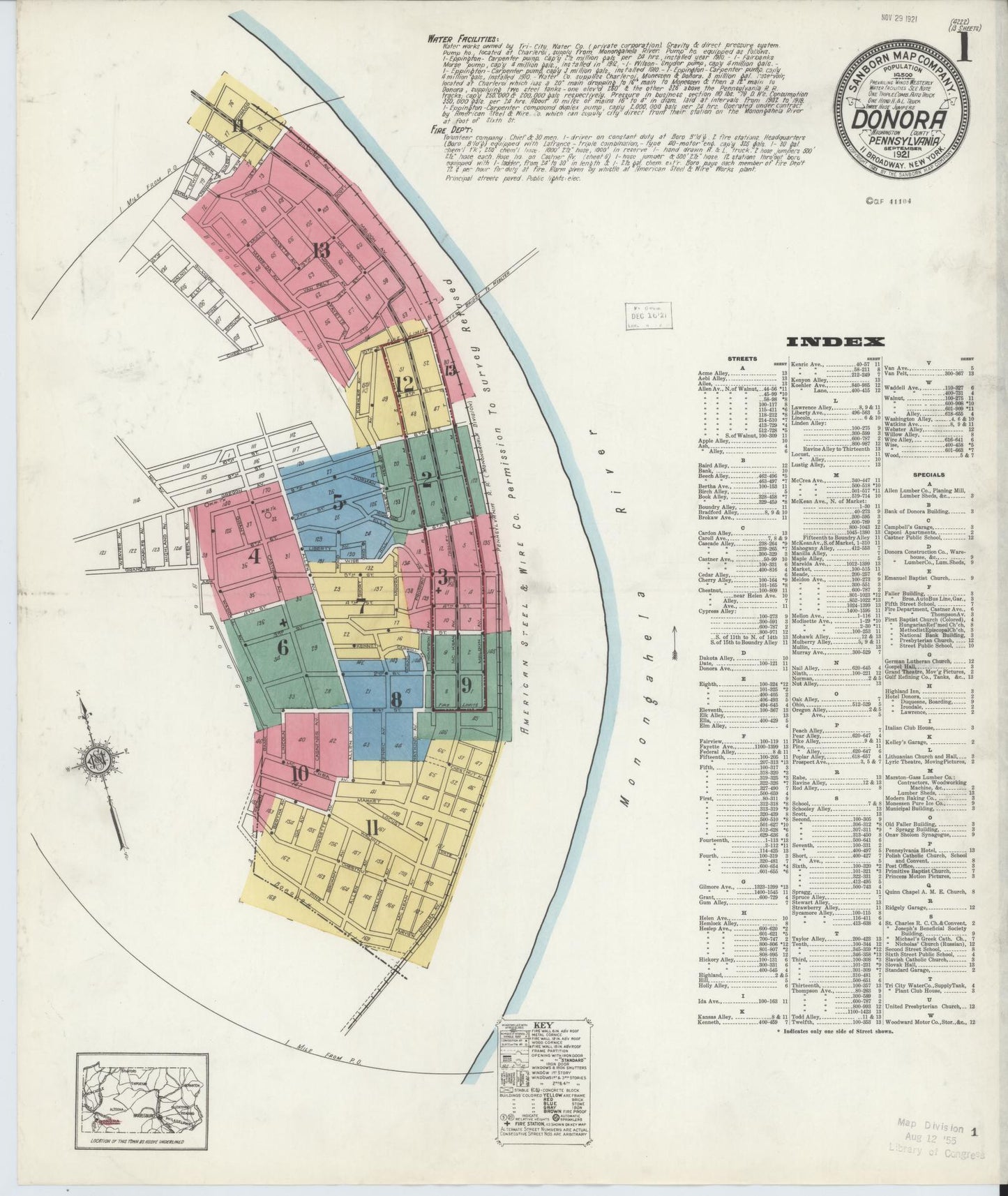 Sanborn Fire Insurance Map from Donora, Washington County, Pennsylvania (1921), Sheet #0001 - Historic Sanborn Fire Insurance Map Print, vintage old map wall art, antique decor, genealogy gift, Pennsylvania Pennsylvania map