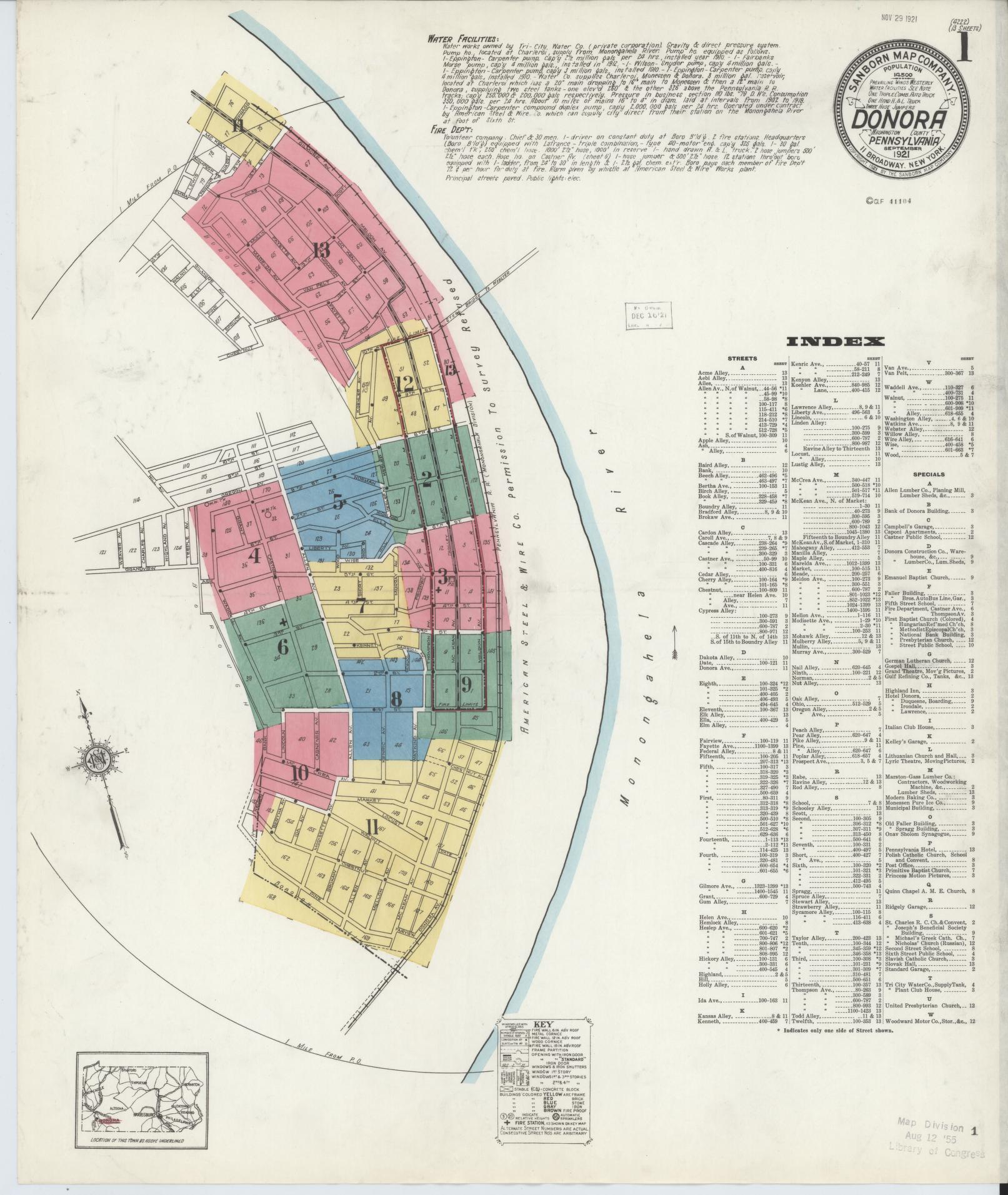 Sanborn Fire Insurance Map from Donora, Washington County, Pennsylvania (1921), Sheet #0001 - Historic Sanborn Fire Insurance Map Print, vintage old map wall art, antique decor, genealogy gift, Pennsylvania Pennsylvania map