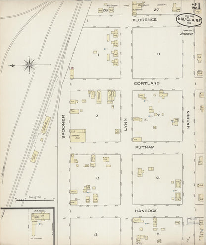 Sanborn Fire Insurance Map from Eau Claire, Eau Claire County, Wisconsin (1885), Sheet #0021 - Historic Sanborn Fire Insurance Map Print, vintage old map wall art, antique decor, genealogy gift, Wisconsin Wisconsin map
