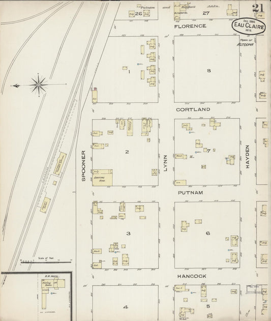 Sanborn Fire Insurance Map from Eau Claire, Eau Claire County, Wisconsin (1885), Sheet #0021 - Historic Sanborn Fire Insurance Map Print, vintage old map wall art, antique decor, genealogy gift, Wisconsin Wisconsin map