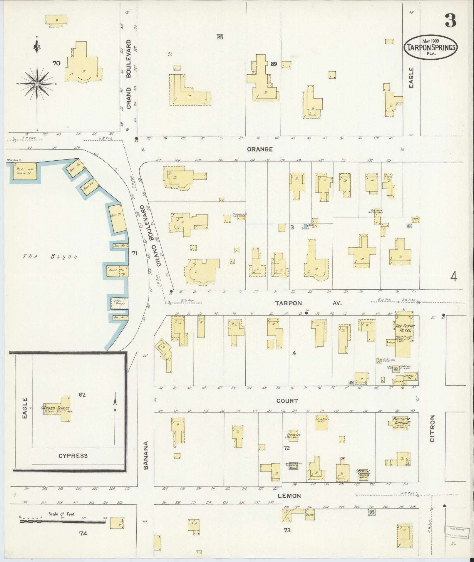 Sanborn Fire Insurance Map from Tarpon Springs, Pinellas County, Florida (1909), Sheet #0003 - Complete Map Set gallery image, historic Sanborn map, vintage wall art, Florida Florida