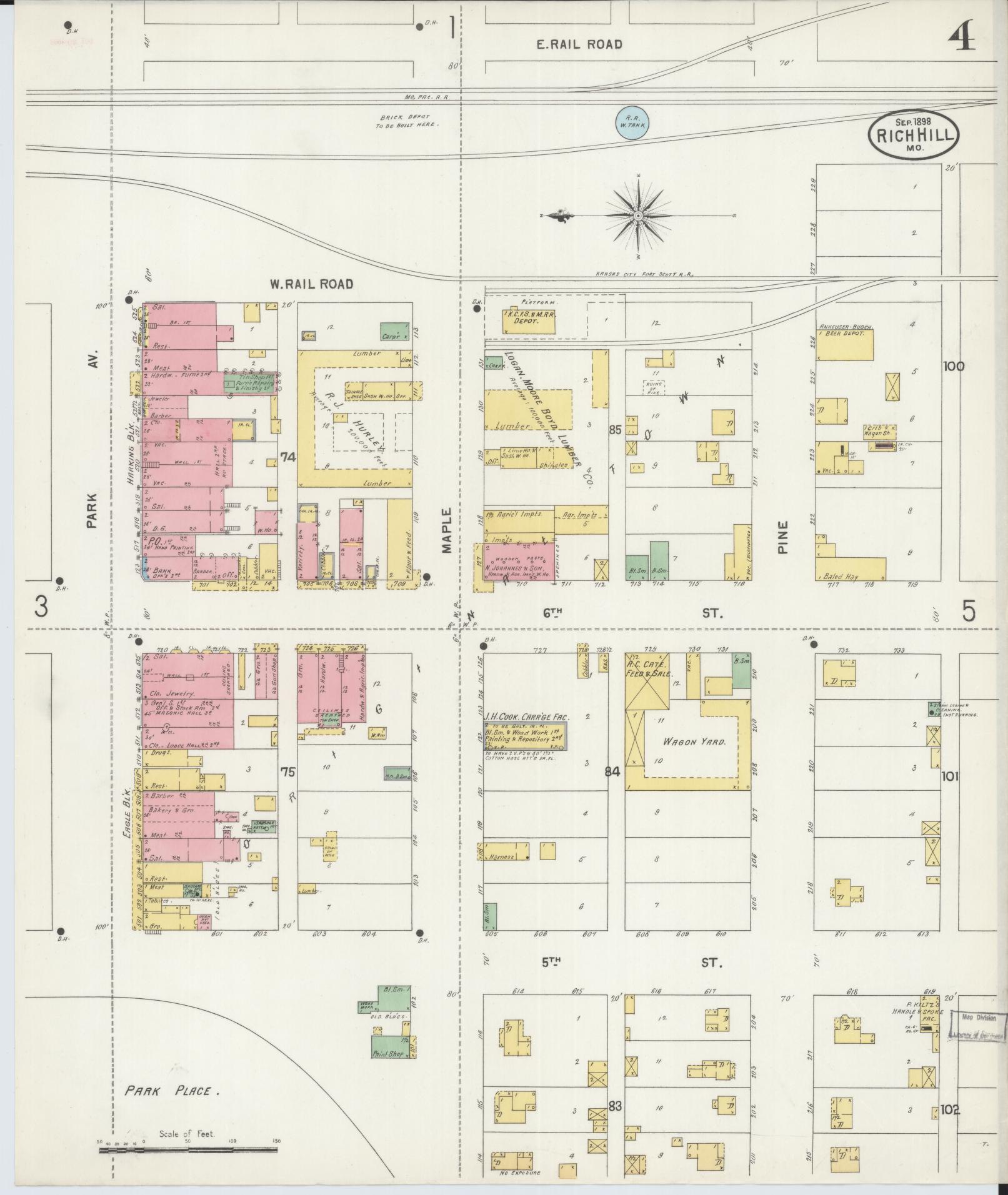 Sanborn Fire Insurance Map from Rich Hill, Bates County, Missouri (1898), Sheet #0004 - Historic Sanborn Fire Insurance Map Print, vintage old map wall art, antique decor, genealogy gift, Missouri Missouri map