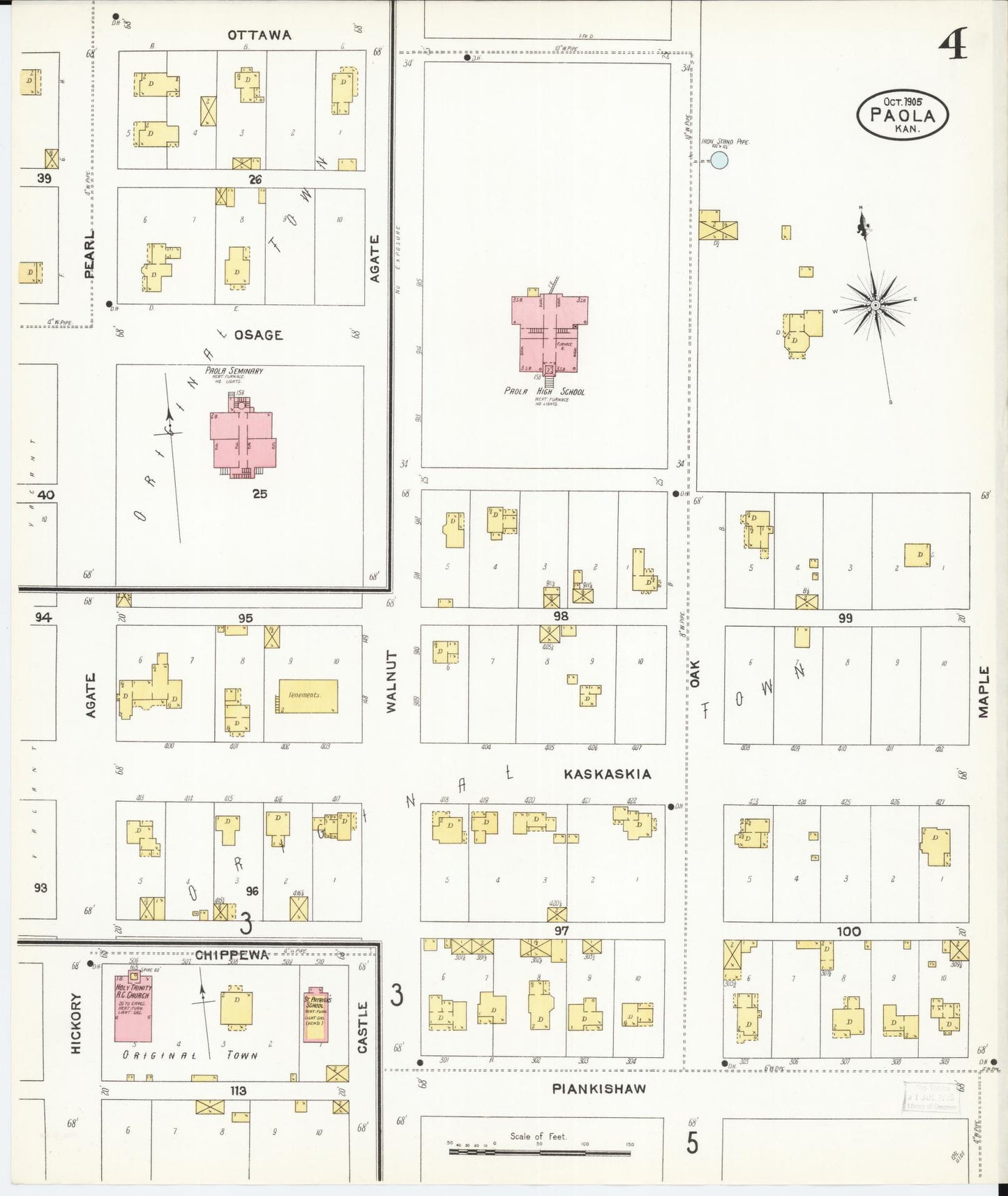 Sanborn Fire Insurance Map from Paola, Miami County, Kansas (1905), Sheet #0004 - Historic Sanborn Fire Insurance Map Print, vintage old map wall art, antique decor, genealogy gift, Kansas Kansas map
