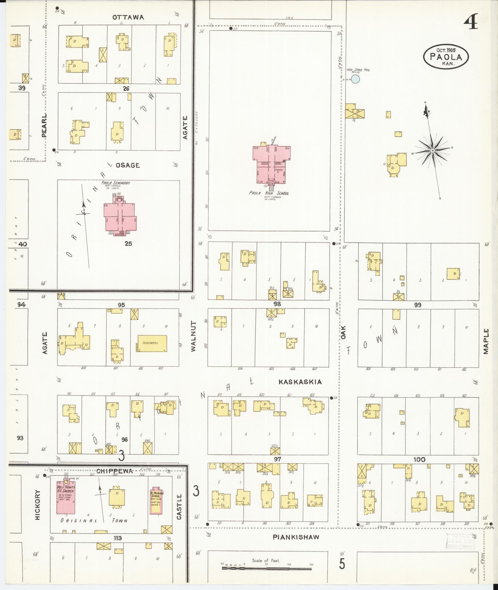 Sanborn Fire Insurance Map from Paola, Miami County, Kansas (1905), Sheet #0004 - Historic Sanborn Fire Insurance Map Print, vintage old map wall art, antique decor, genealogy gift, Kansas Kansas map