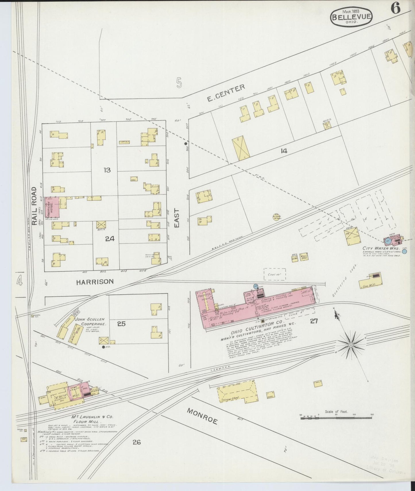 Sanborn Fire Insurance Map from Bellevue, Huron And Sandusky County, Ohio (1893), Sheet #0006 - Historic Sanborn Fire Insurance Map Print, vintage old map wall art, antique decor, genealogy gift, Ohio Ohio map