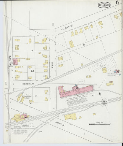 Sanborn Fire Insurance Map from Bellevue, Huron And Sandusky County, Ohio (1893), Sheet #0006 - Historic Sanborn Fire Insurance Map Print, vintage old map wall art, antique decor, genealogy gift, Ohio Ohio map