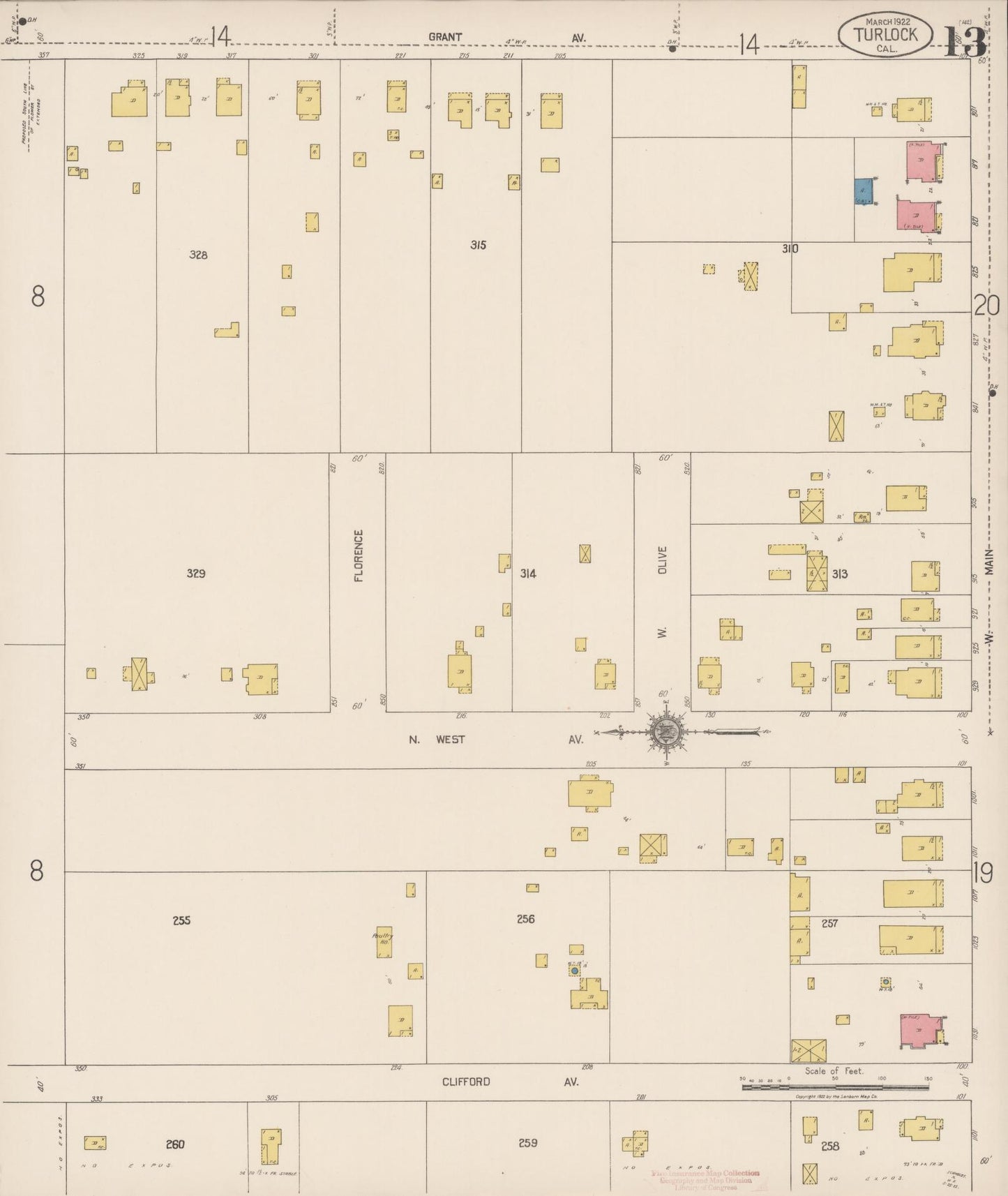 Sanborn Fire Insurance Map from Turlock, Stanislaus County, California (1922), Sheet #0013 - Complete Map Set gallery image, historic Sanborn map, vintage wall art, California California