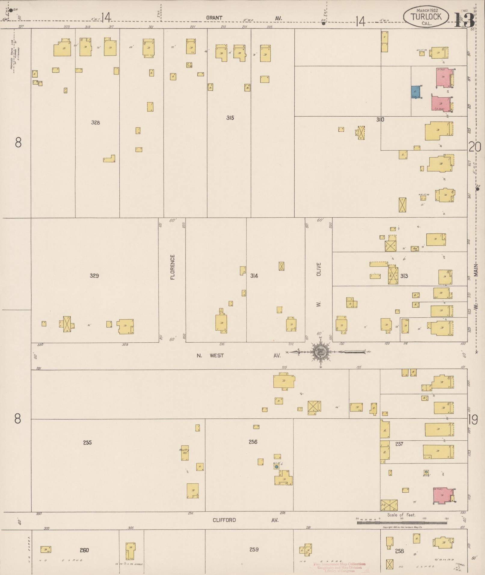 Sanborn Fire Insurance Map from Turlock, Stanislaus County, California (1922), Sheet #0013 - Complete Map Set gallery image, historic Sanborn map, vintage wall art, California California