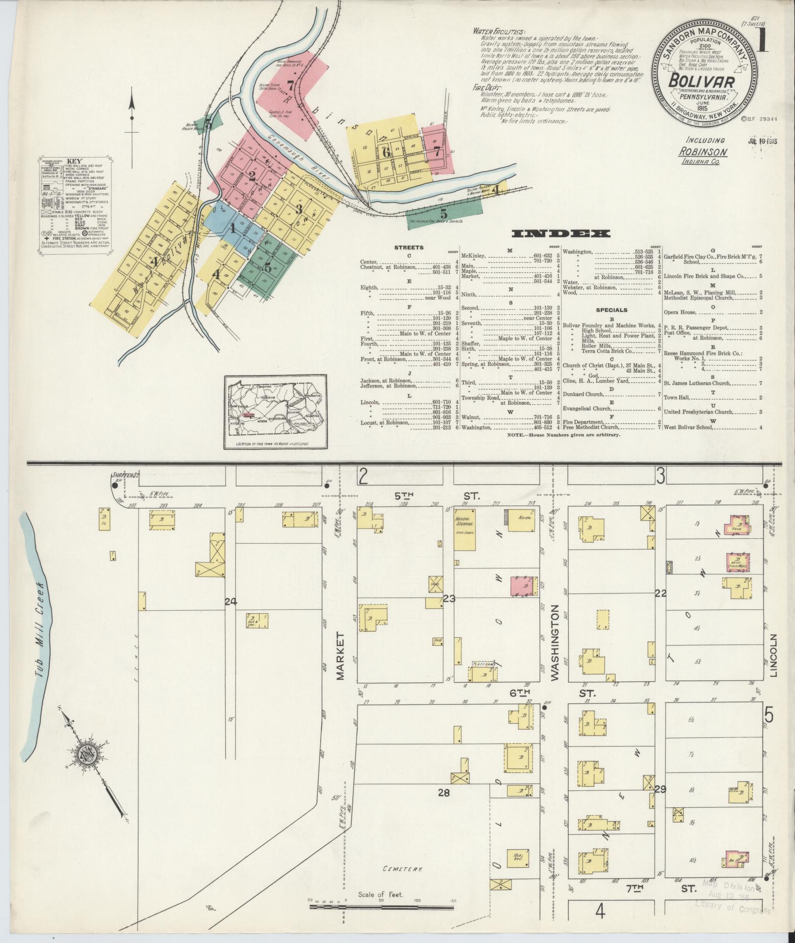 Sanborn Fire Insurance Map from Bolivar, Westmoreland County, Pennsylvania (1915), Sheet #0001 - Historic Sanborn Fire Insurance Map Print, vintage old map wall art, antique decor, genealogy gift, Pennsylvania Pennsylvania map