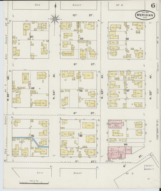 Sanborn Fire Insurance Map from Meridian, Lauderdale County, Mississippi (1889), Sheet #0006 - Historic Sanborn Fire Insurance Map Print, vintage old map wall art, antique decor, genealogy gift, Mississippi Mississippi map