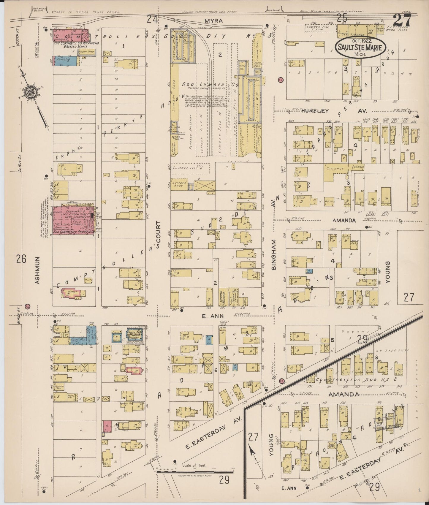 Sanborn Fire Insurance Map from Sault Sainte Marie, Chippewa County, Michigan (1922), Sheet #0027 - Complete Map Set gallery image, historic Sanborn map, vintage wall art, Michigan Michigan