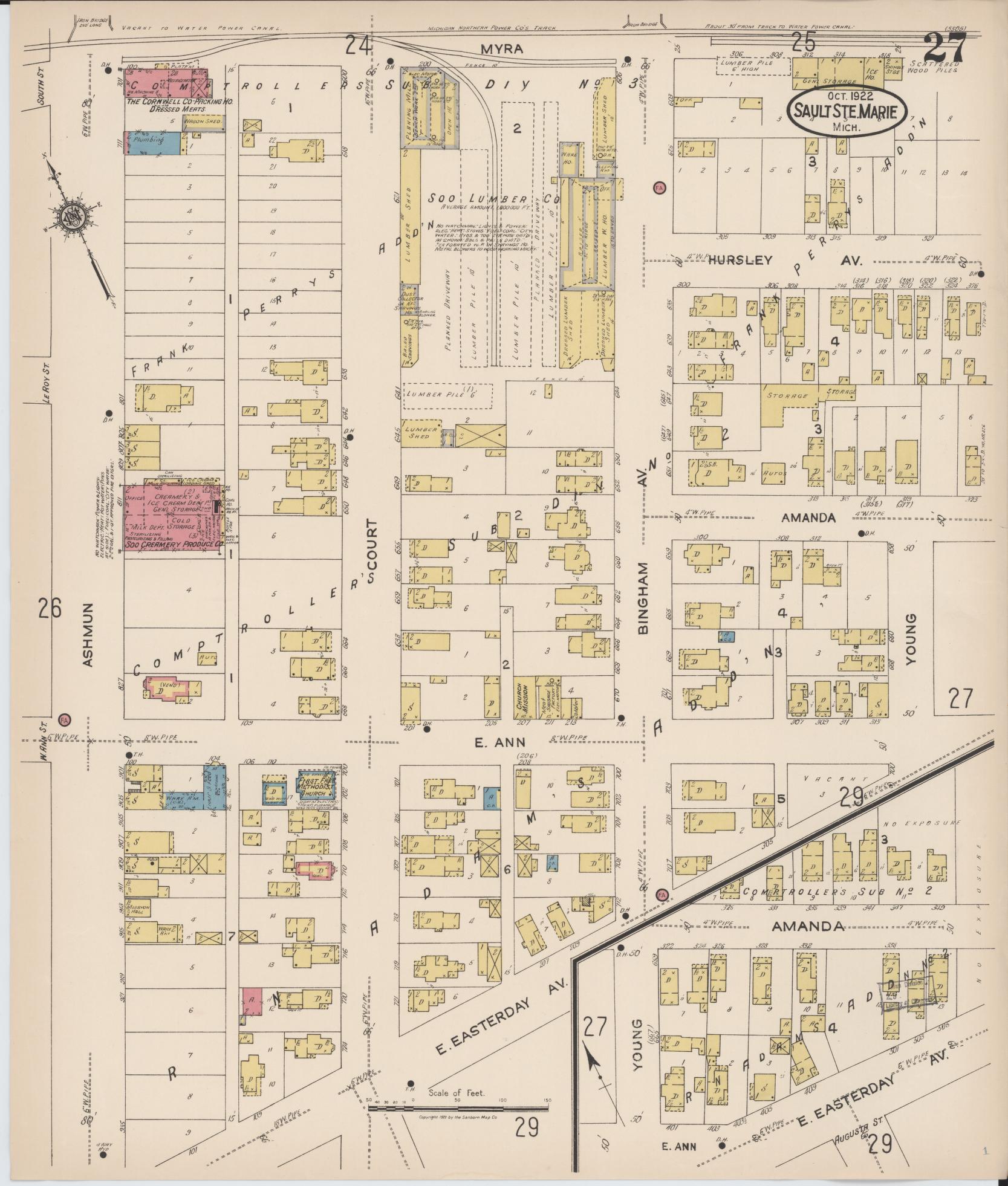 Sanborn Fire Insurance Map from Sault Sainte Marie, Chippewa County, Michigan (1922), Sheet #0027 - Complete Map Set gallery image, historic Sanborn map, vintage wall art, Michigan Michigan