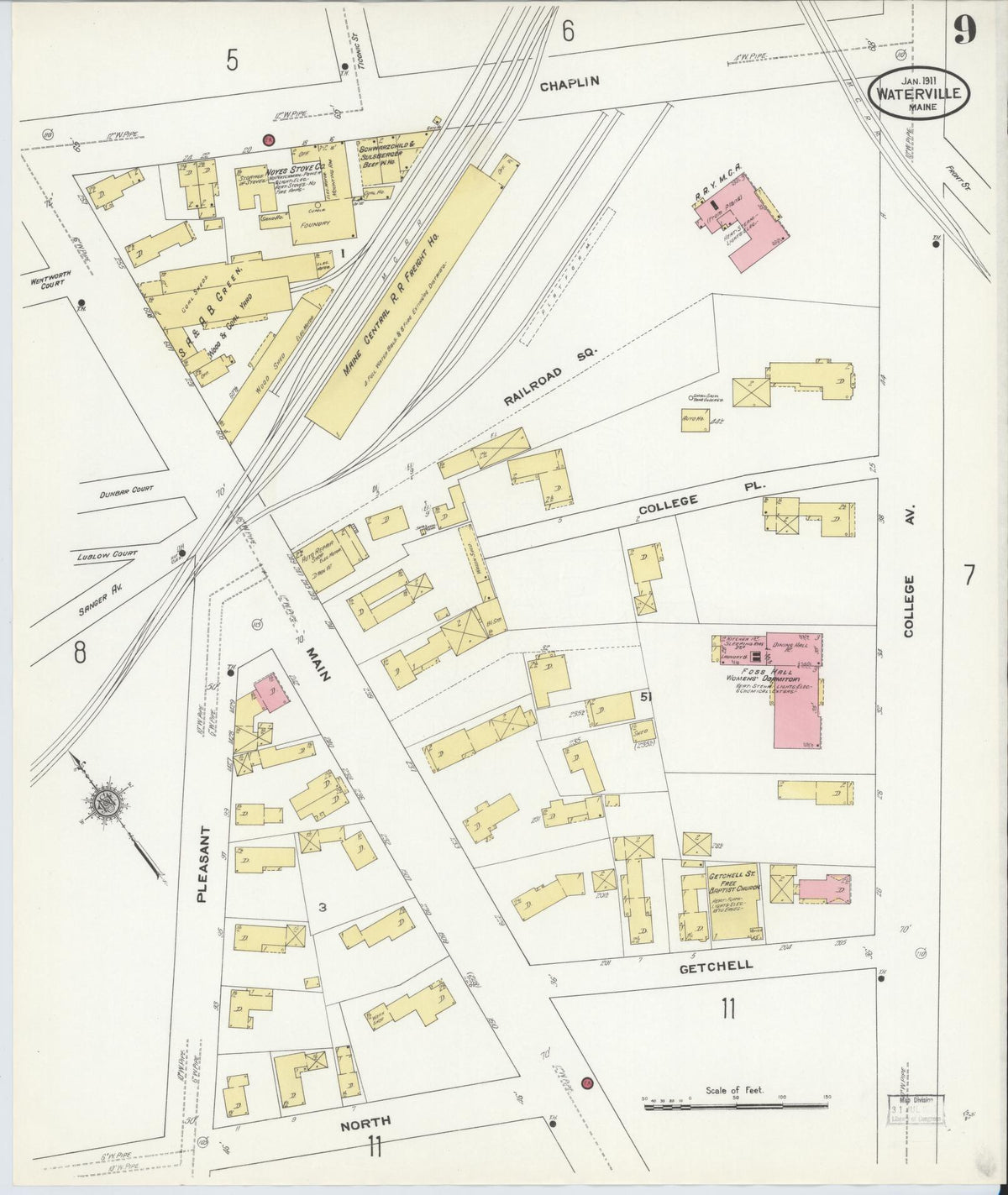 Sanborn Fire Insurance Map from Waterville, Kennebec County, Maine (1911), Sheet #0009 - Historic Sanborn Fire Insurance Map Print, vintage old map wall art, antique decor, genealogy gift, Maine Maine map