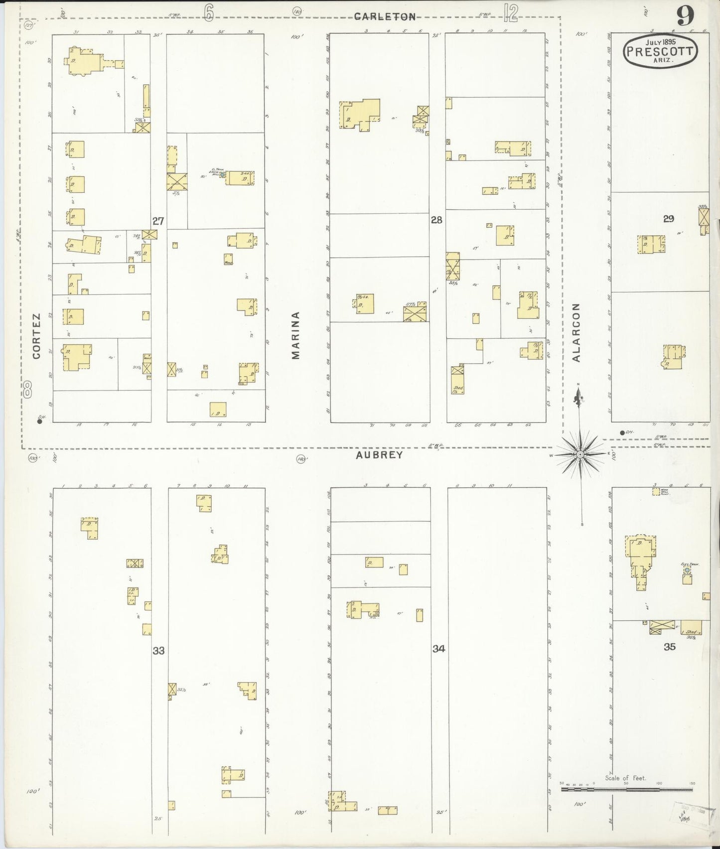 Sanborn Fire Insurance Map from Prescott, Yavapai County, Arizona (1895), Sheet #0009 - Historic Sanborn Fire Insurance Map Print, vintage old map wall art, antique decor, genealogy gift, Arizona Arizona map