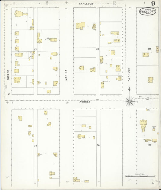 Sanborn Fire Insurance Map from Prescott, Yavapai County, Arizona (1895), Sheet #0009 - Historic Sanborn Fire Insurance Map Print, vintage old map wall art, antique decor, genealogy gift, Arizona Arizona map