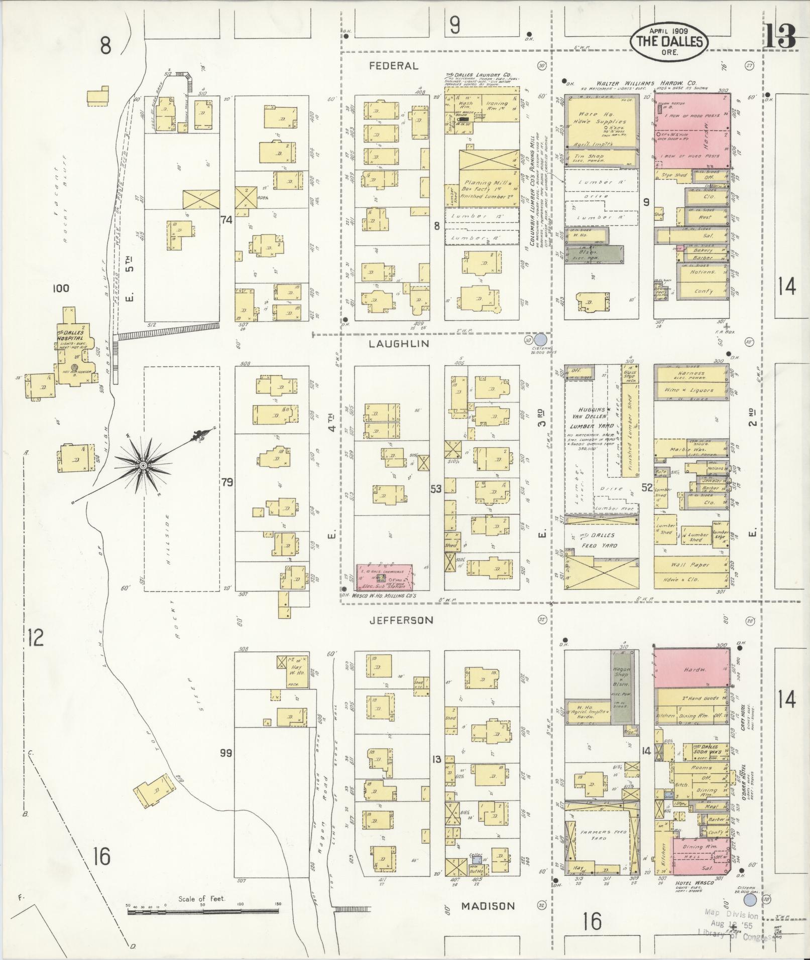 Sanborn Fire Insurance Map from The Dalles, Wasco County, Oregon (1909), Sheet #0013 - Historic Sanborn Fire Insurance Map Print, vintage old map wall art, antique decor, genealogy gift, Oregon Oregon map