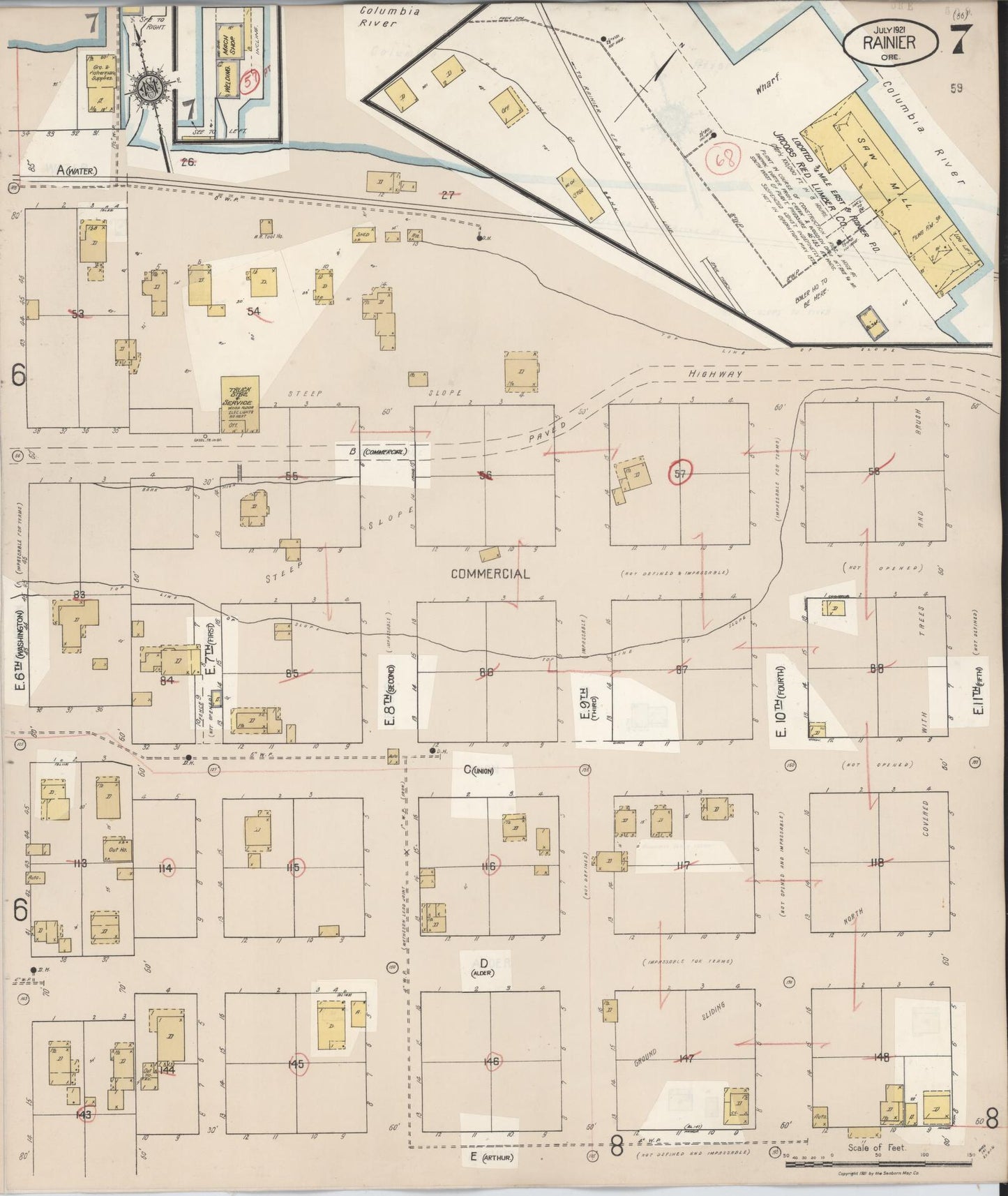 Sanborn Fire Insurance Map from Rainier, Columbia County, Oregon (1931), Sheet #0007 - Historic Sanborn Fire Insurance Map Print, vintage old map wall art, antique decor, genealogy gift, Oregon Oregon map