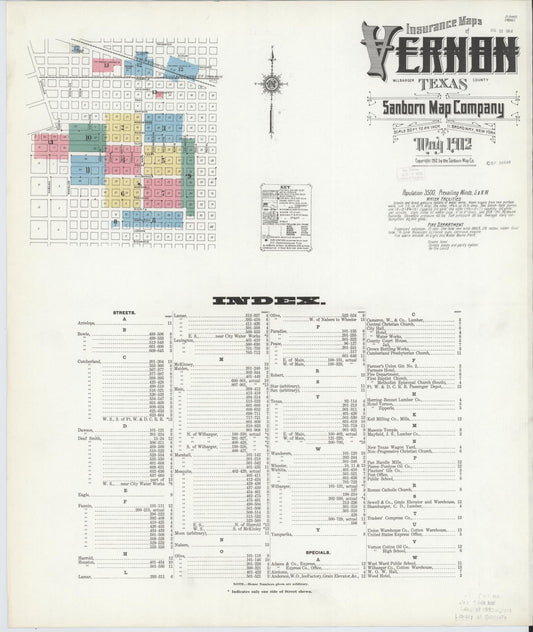 Sanborn Fire Insurance Map from Vernon, Wilbarger County, Texas (1912), Sheet #0001 - Historic Sanborn Fire Insurance Map Print, vintage old map wall art, antique decor, genealogy gift, Texas Texas map