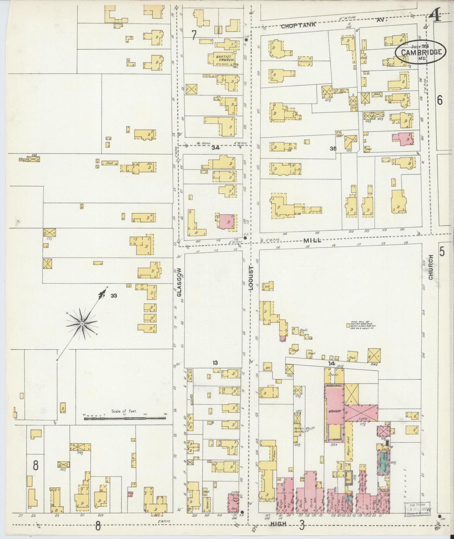 Dorchester, Maryland - 1906 - Sanborn Fire Insurance Map, Sheet #0004 - Historic Sanborn Fire Insurance Map Print, Dorchester Maryland 1906 0004 vintage old map wall art